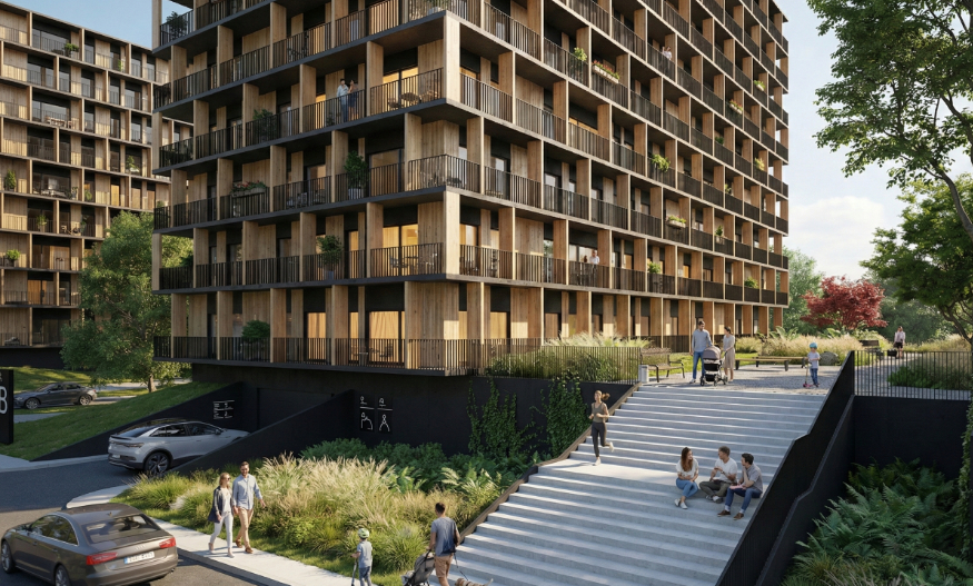Bloki podniesiono ponad poziom ulicy, każdą parę łaczy dziedziniec sąsiedzki - MUS Architects