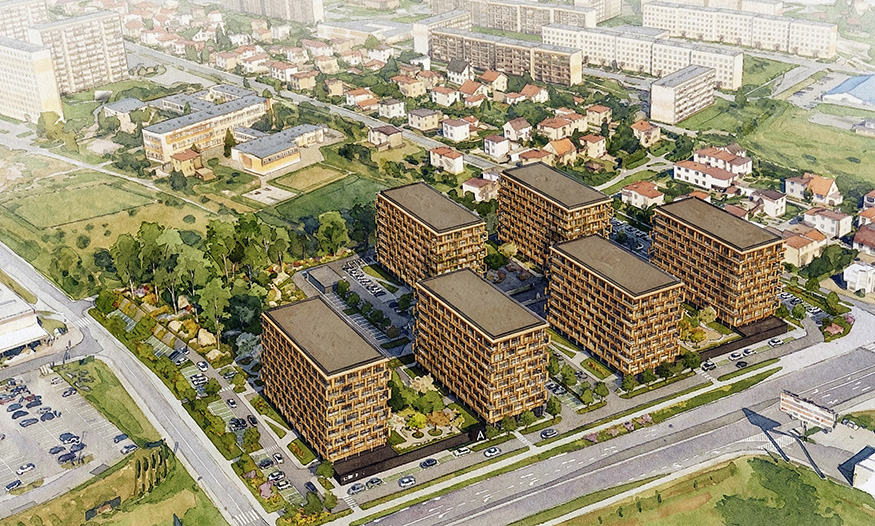 Aerial View. Widok osiedla z lotu ptaka, akwarelowa impresja pokazująca całosć założenia urbanistycznego